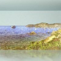 креативная картина с изображением морского пейзажа оформлена декоративным камнем скалистый